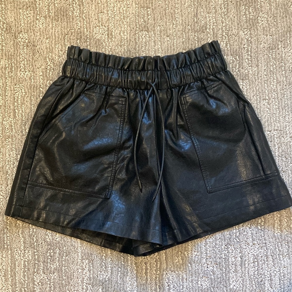 Faux (but so real feeling!) black leather shirt with cinch waist and drawstring